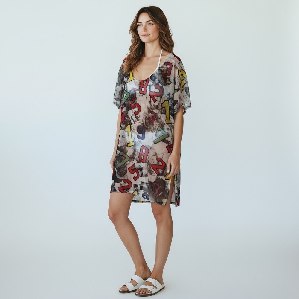BLUSH Women's Sheer Tunic Cover Up Mesh Number Print Short Sleeve V-Neck‎ Beach